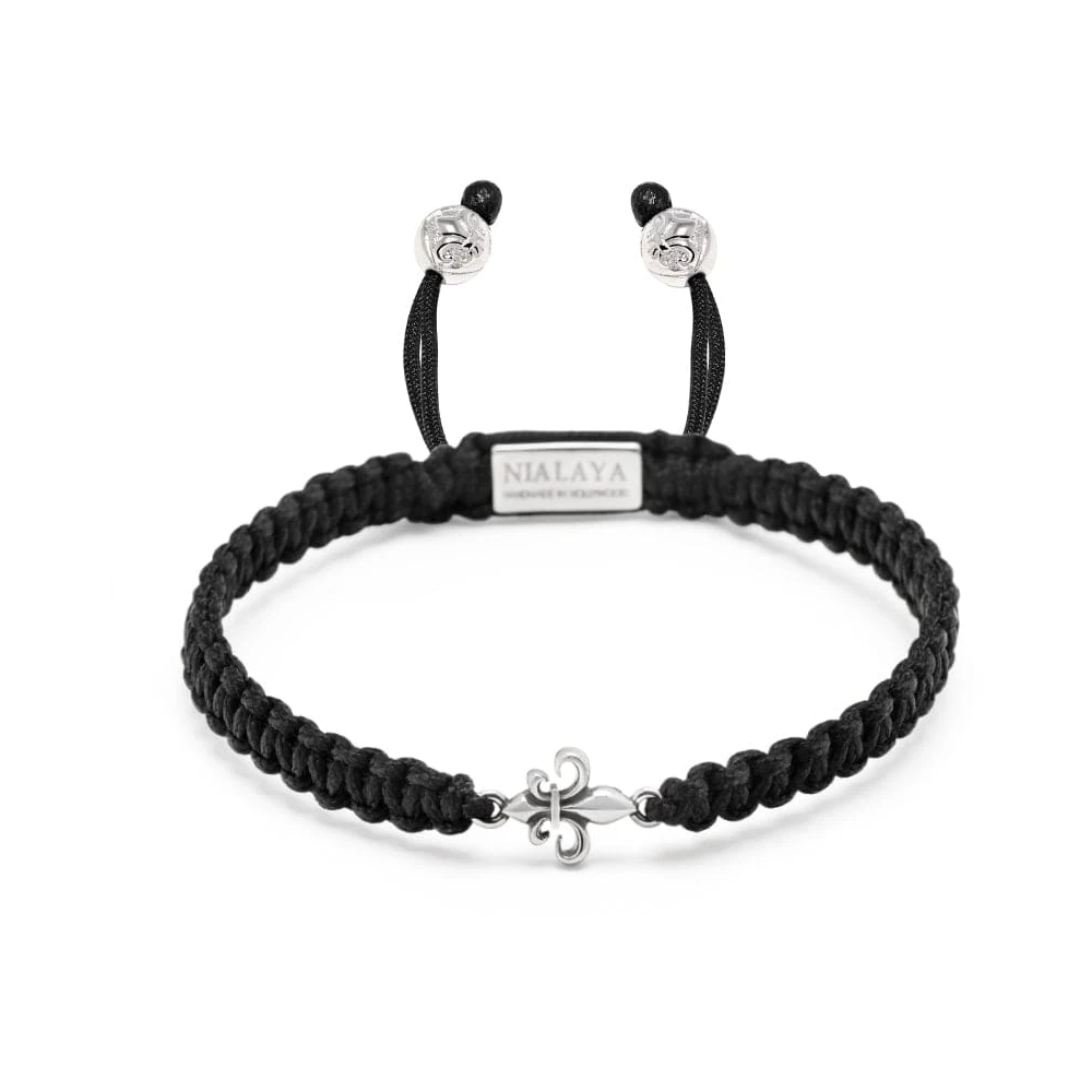 Nialaya Men's Black String Bracelet with Silver Fleur De Lis Black, Herr