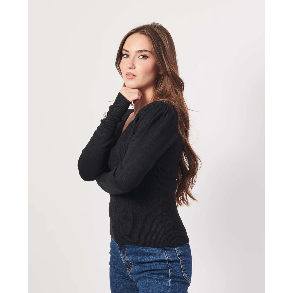 Fracomina Zwarte V-hals trui met geborduurde voorkant Black Dames