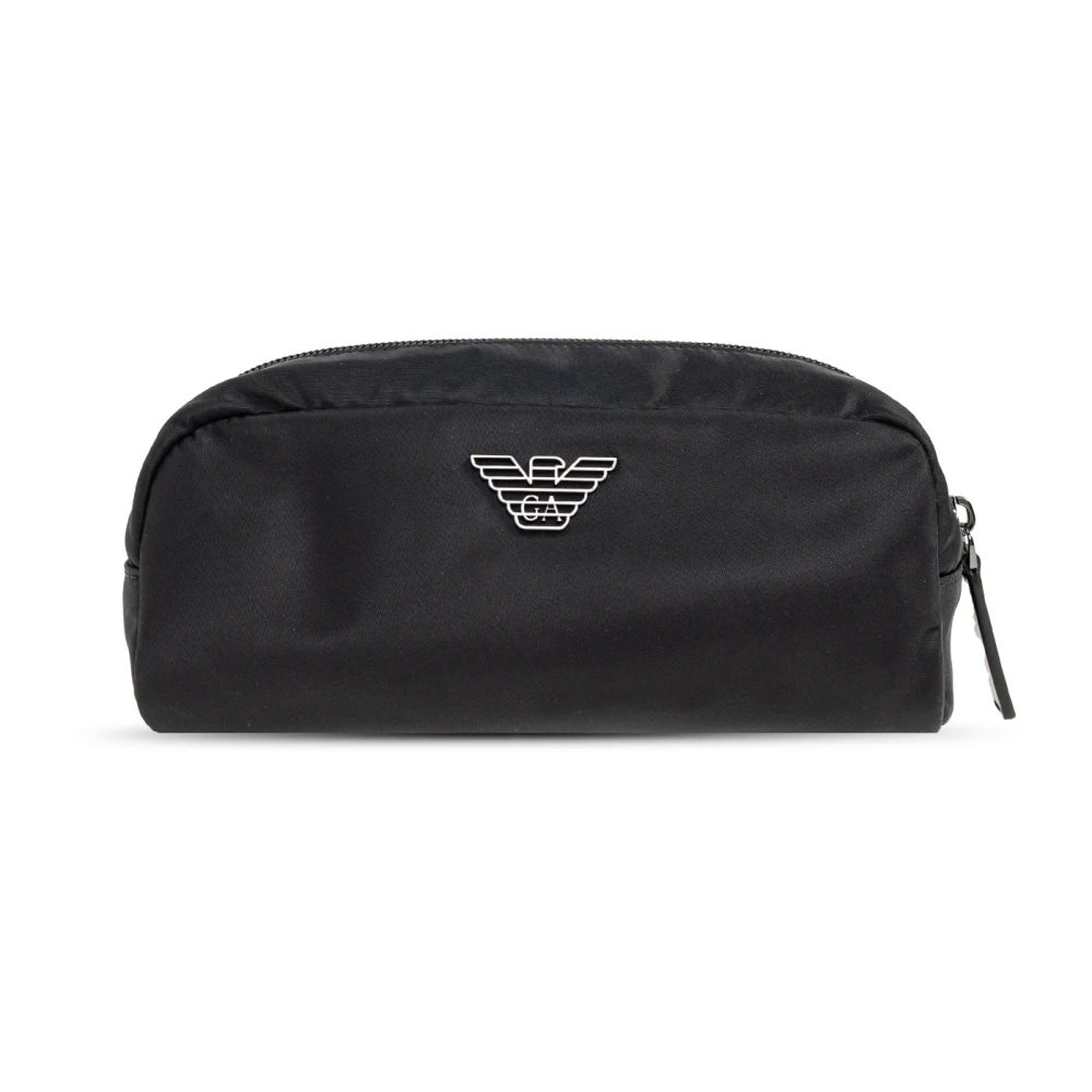 Emporio Armani Men's Black Cosmetic Bag With Logo-Shaped Appliqué - Toilet Bags - One Size - Bags
