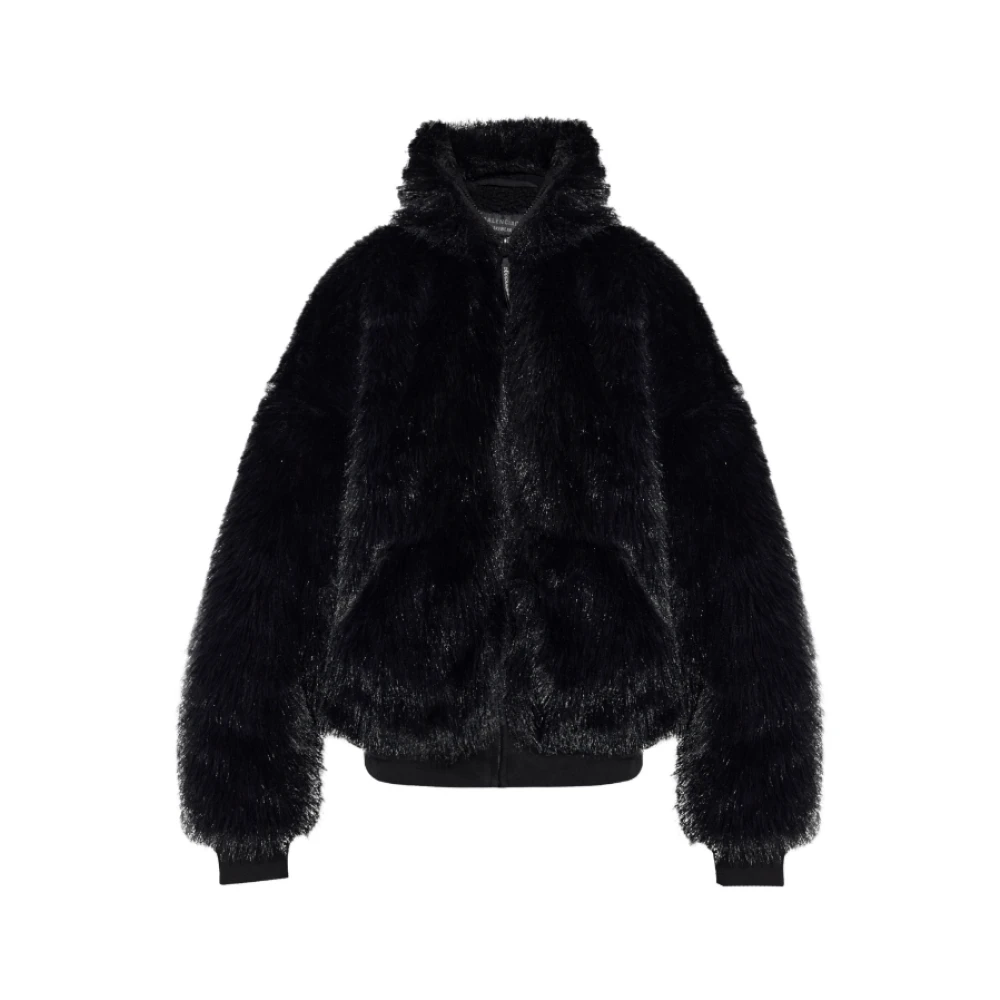 Svart Faux-Fur Ski Jakke med Hette