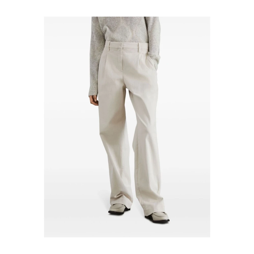 BRUNELLO CUCINELLI Beige Katoenmix Geplooide Broek Beige Dames