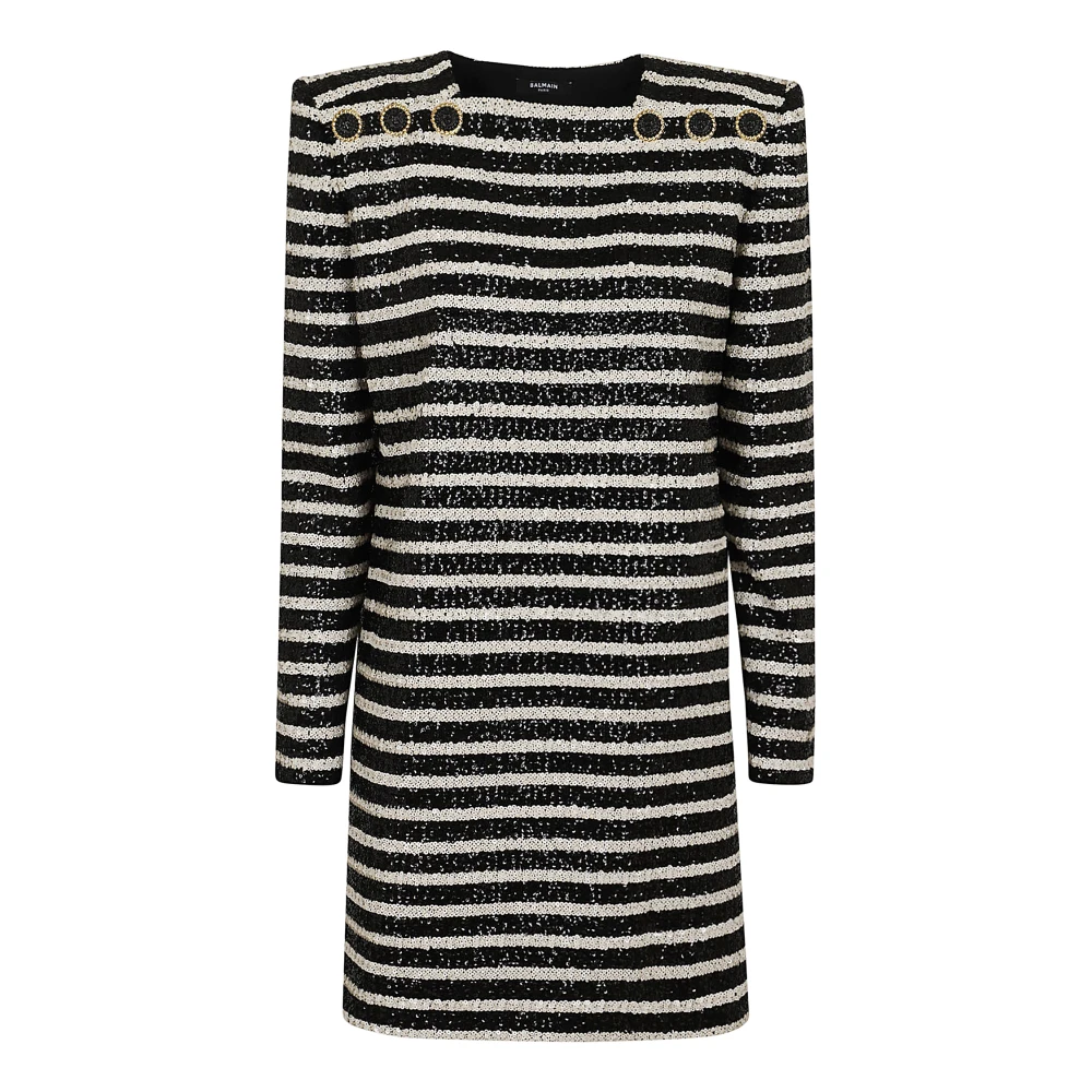 Balmain Zwarte Strass Gestreepte Jurk Aw24 Black Dames