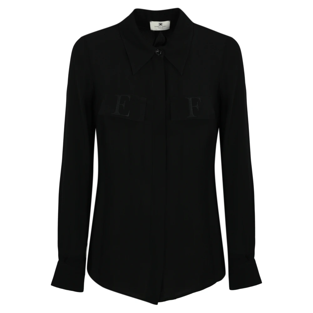 Elisabetta Franchi Zwarte Viscose Georgette Shirt Lange Mouw Knoopsluiting Black Dames