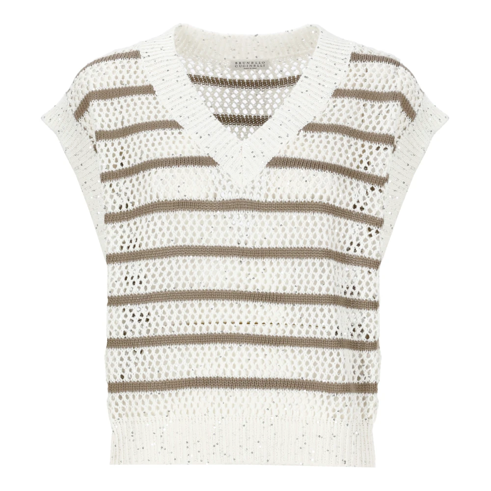 BRUNELLO CUCINELLI Paillet V-Hals Linnen Trui Ivoor Beige Dames
