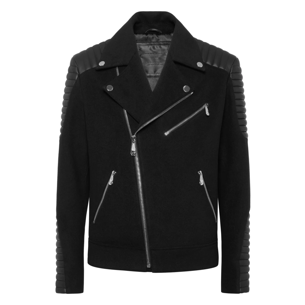 Philipp Plein Uomo Nero Giacca Biker In Lana Con Inserti In Pelle