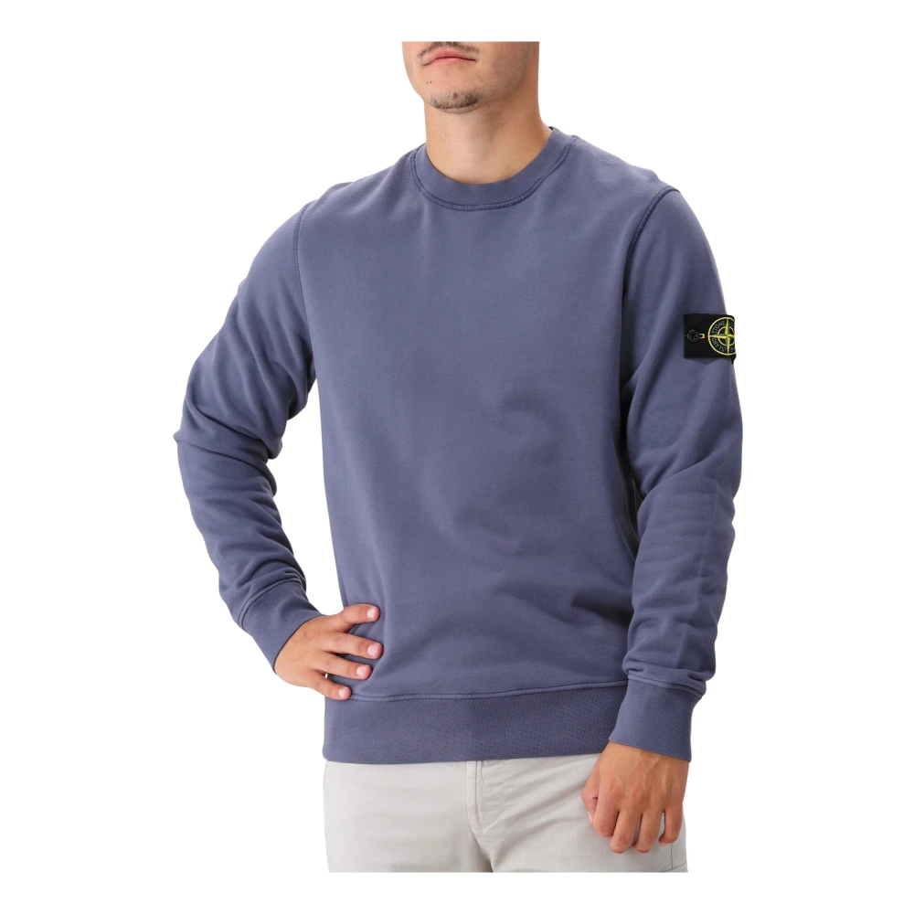 Stone Island Blå Bomullsfleece Sweatshirt med Ribbing Blue, Herr