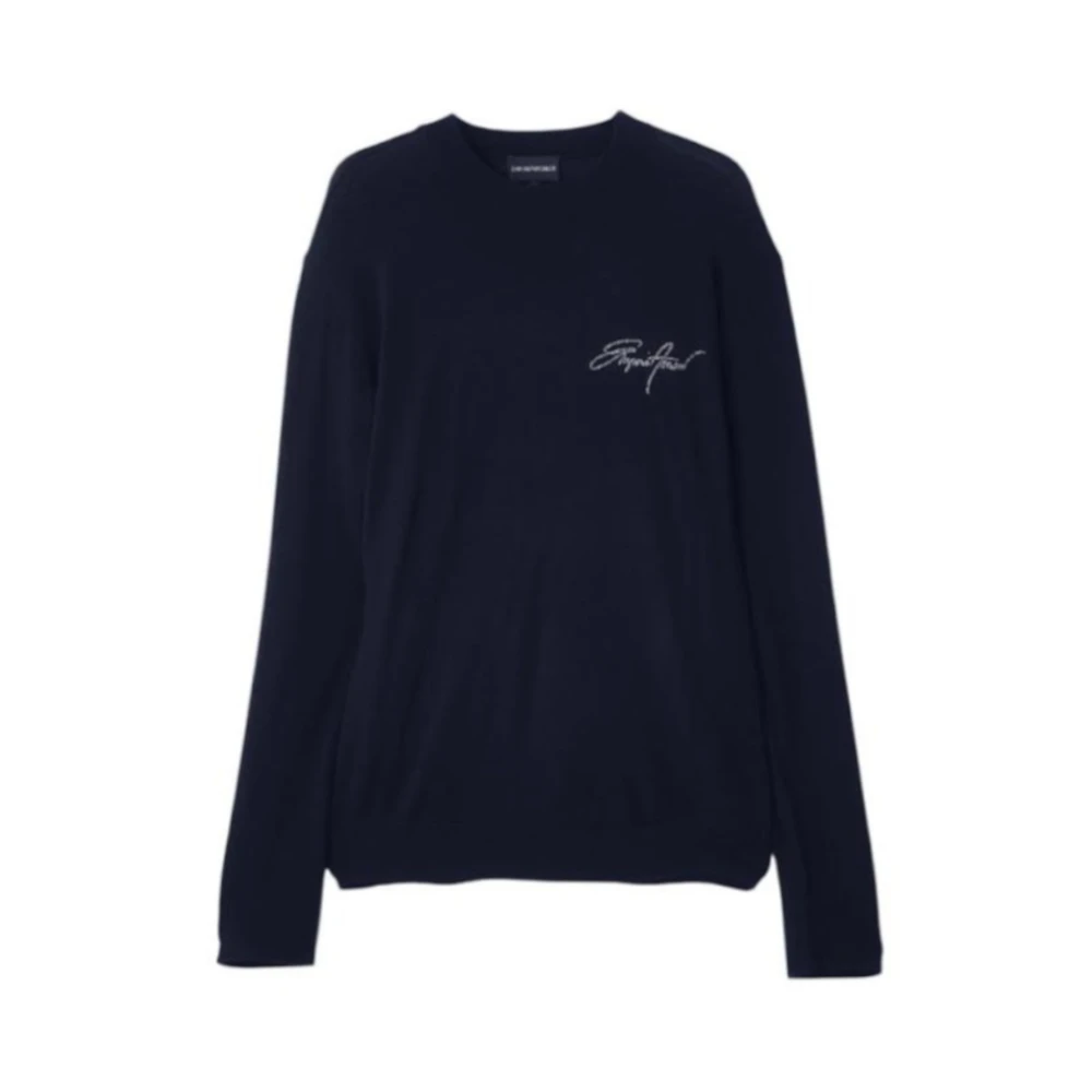 Emporio Armani Men's Blue Round-Neck Knitwear, 2XL, Virgin-Wool Jumper With Jacquard Logo