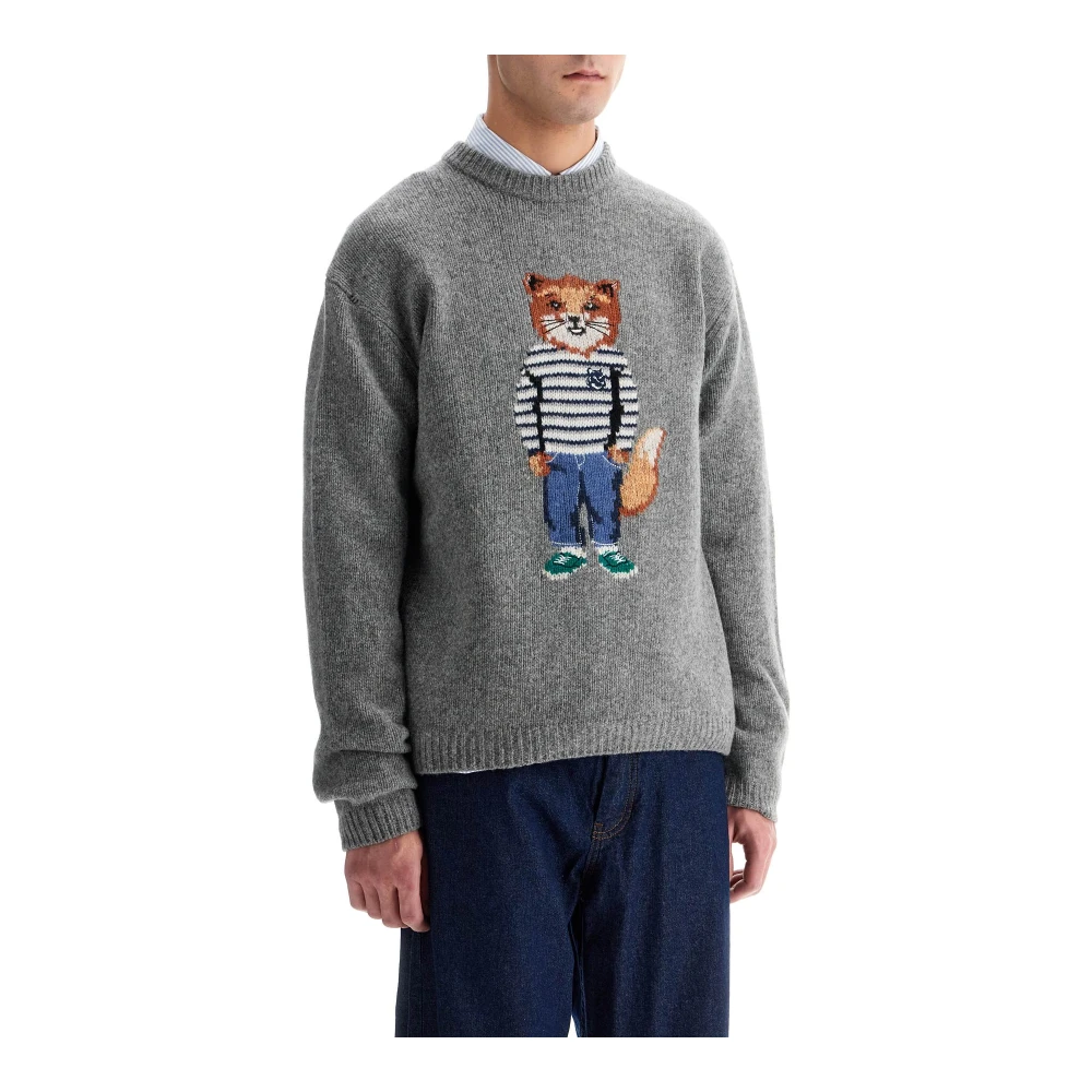 Maison Kitsuné Vos Intarsia Trui Breigoed Gray Heren