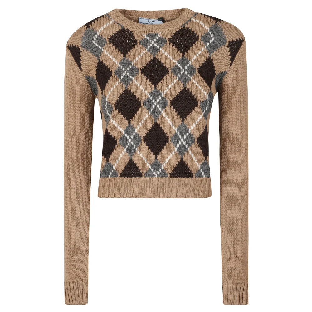 Prada Women's Multicolor Cashmere Knitwear, M, Diamond Pattern Crewneck Jumper