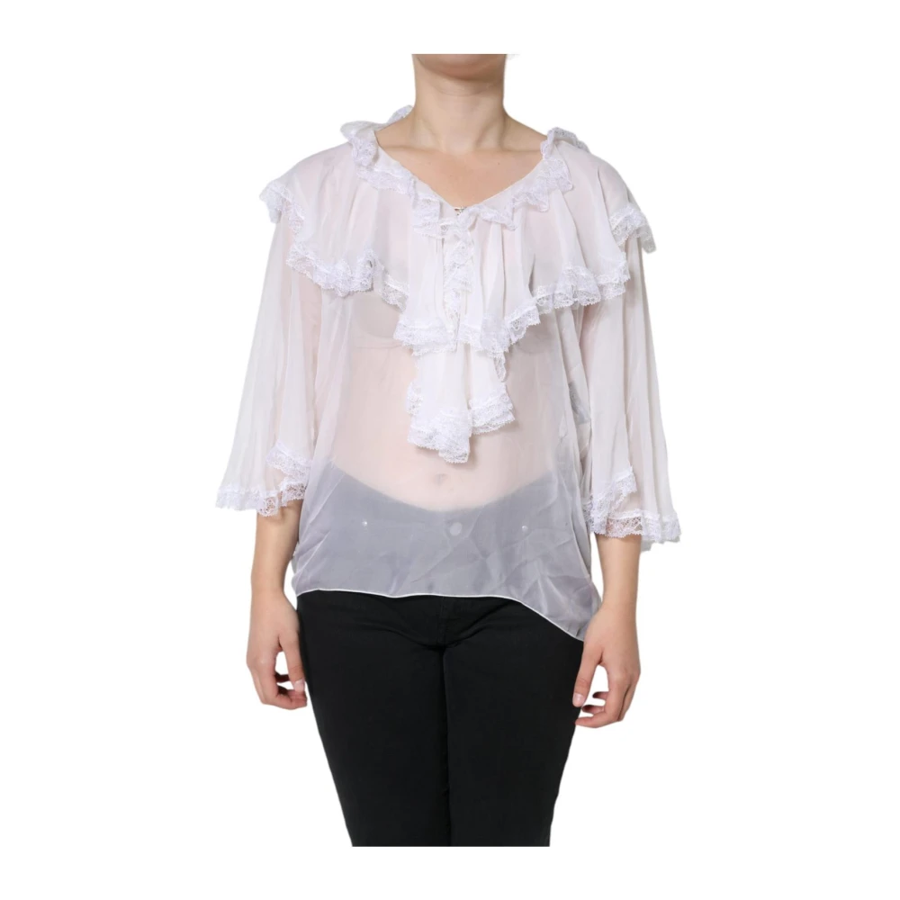 Dolce & Gabbana Women's White Ruffled Lace Chiffon Blouse - Blouses - L - Blouses & Shirts