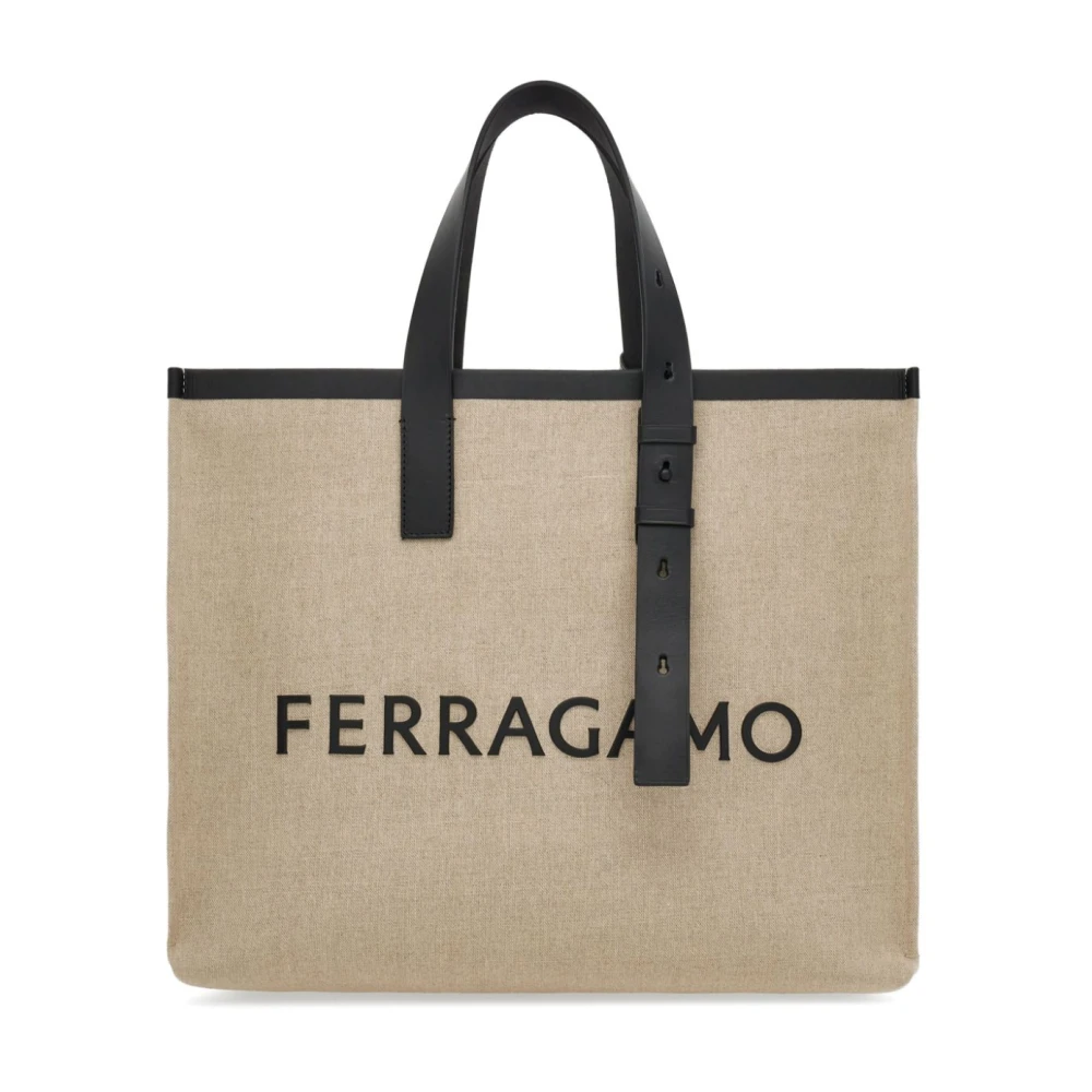 Ferragamo Men's Beige Logo-Embossed Leather Tote - Shopping Bags - One Size - Bags