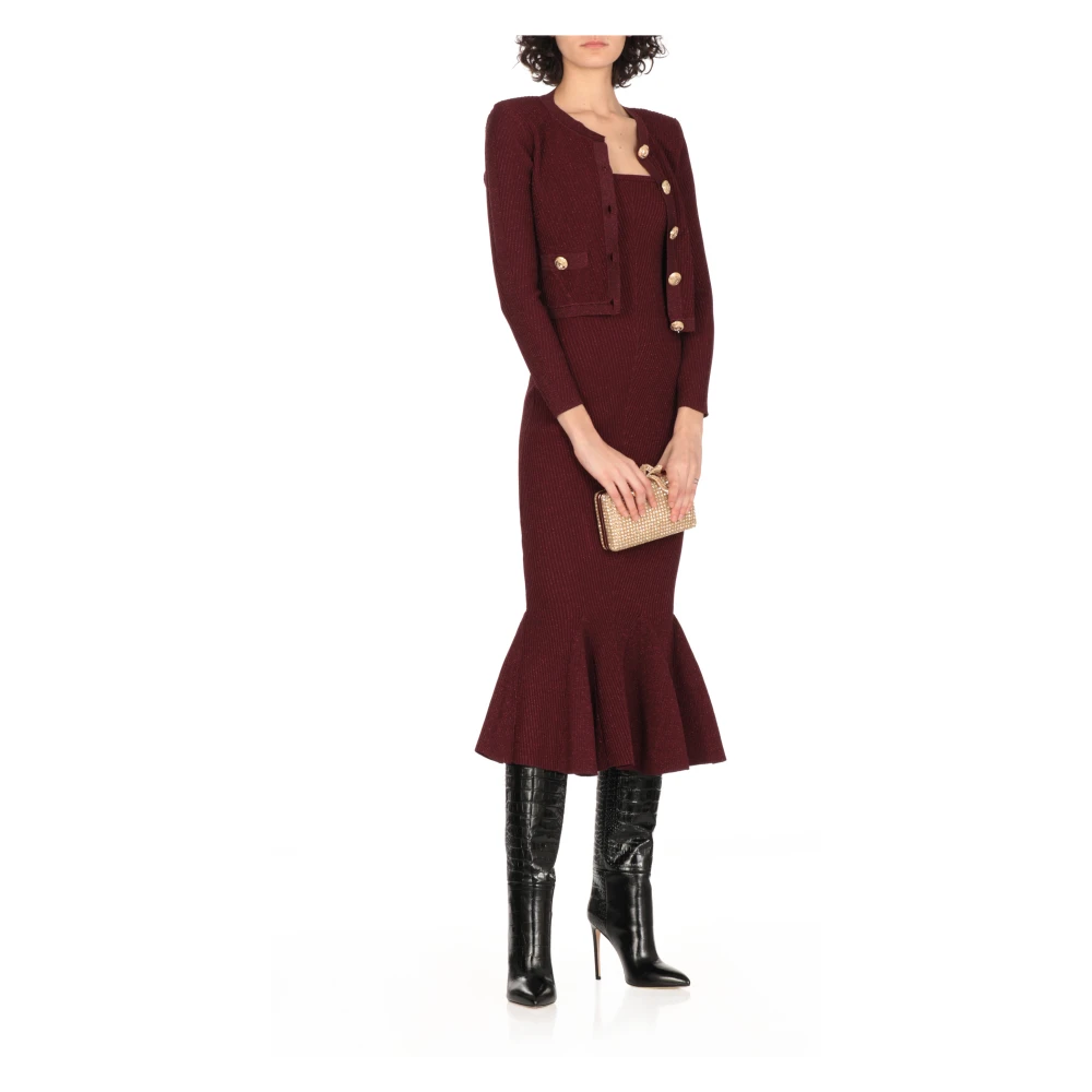 Retrofête Bordeaux Lurex Geribbelde Jurk Vrouw Red Dames