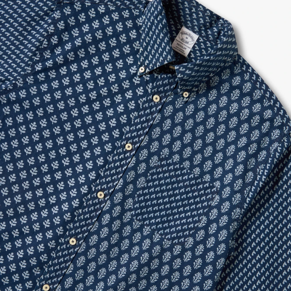 Brooks Brothers Indigo Print Katoenen Poplin Sport Shirt met Knoopsluiting Blue Heren