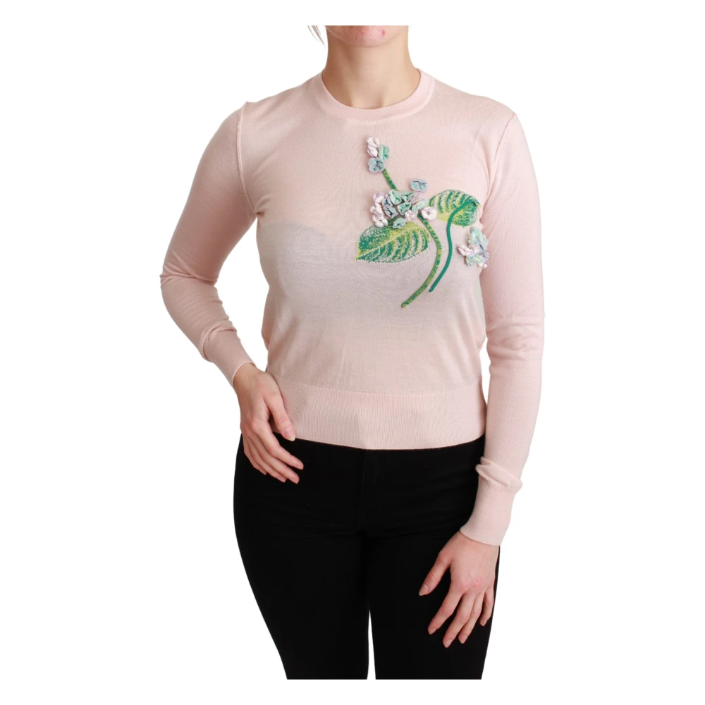Dolce & Gabbana Women's Pink Crewneck Long Sleeve Pullover - Cashmere Knitwear - 2XS - Knitwear