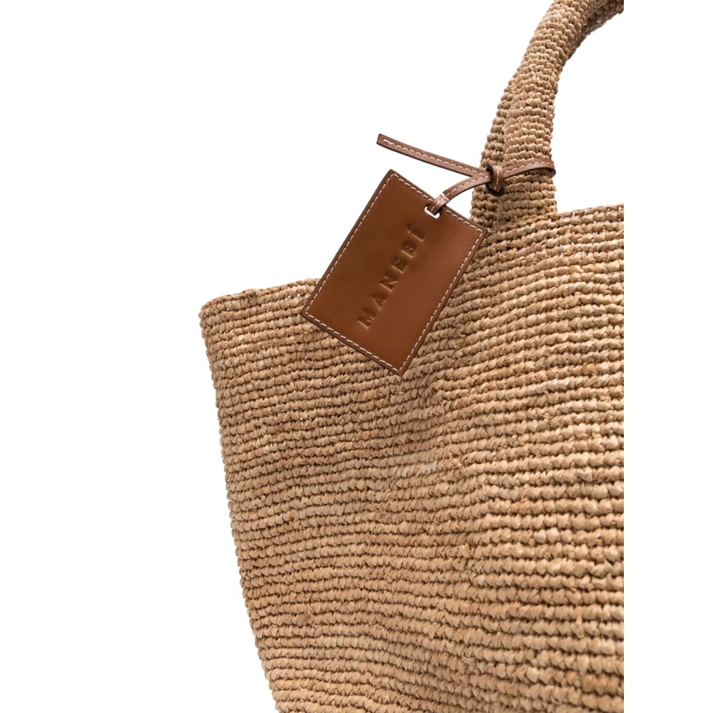 Manebí Beige Raffia Tote Tas met Logo Brown Dames