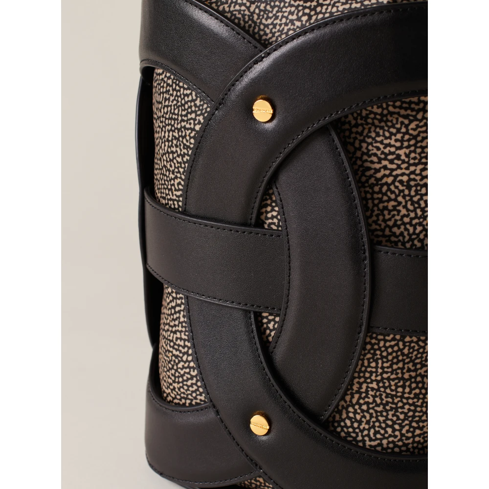 Borbonese Zwarte Leren Bucket Tas met Weefsel Black Dames