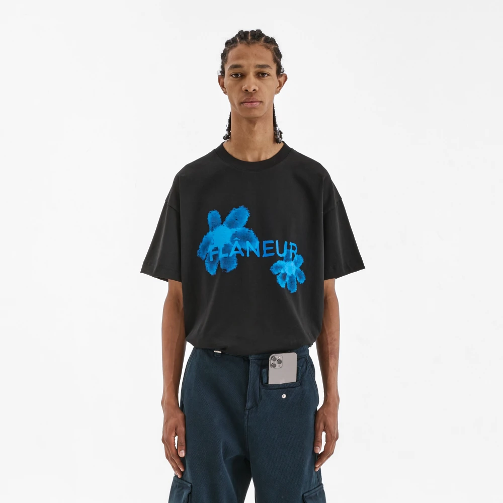 Flâneur Waterverf Bloemen T-Shirt Zwart Black Heren