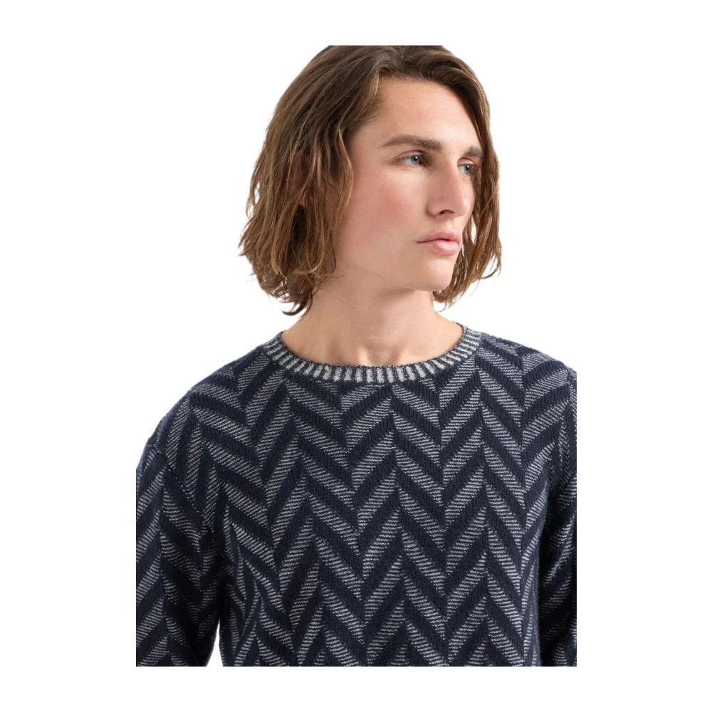Emporio Armani Chevron Blauw Wol Crewneck Jumper Blue Heren