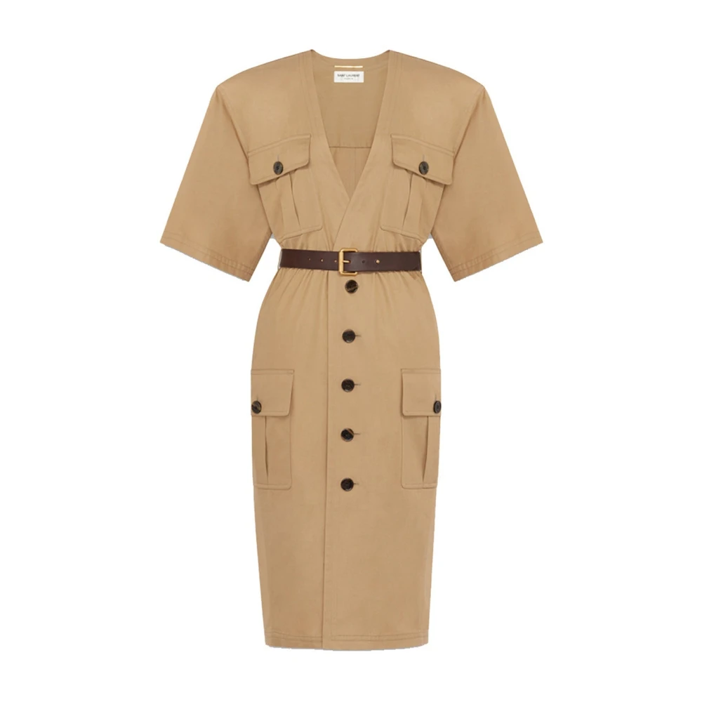 Saint Laurent Katoenen Saharienne Jurk met V-hals Beige Dames