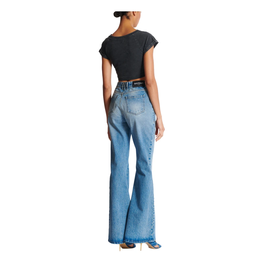 Balmain Cropped Couture Geborduurd T-shirt Gray Dames