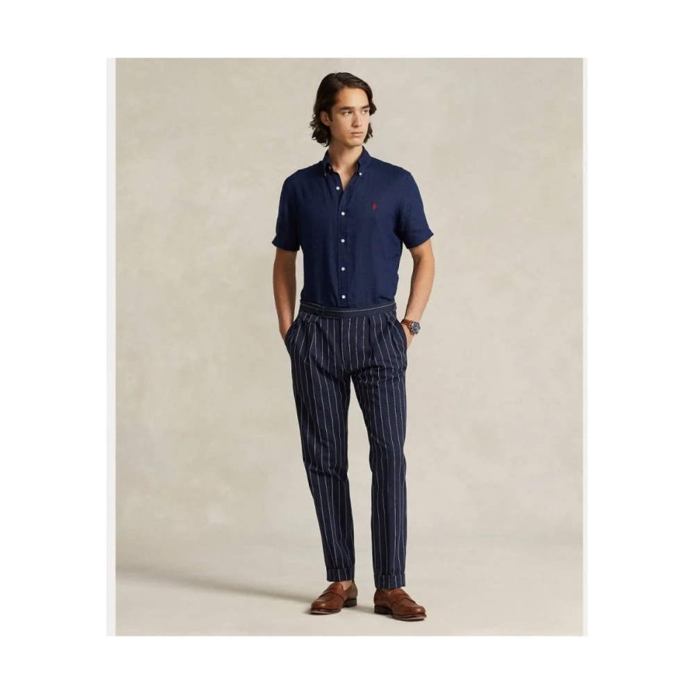 Ralph Lauren Marineblauw Linnen Custom Fit Shirt Blue Heren
