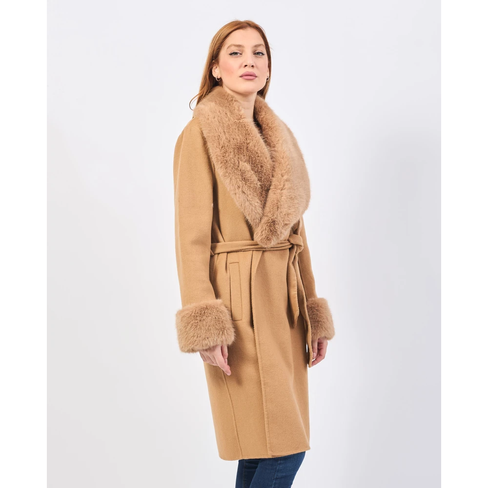 Fracomina Beige Lange Wollen Jas met Shawl Kraag Beige Dames