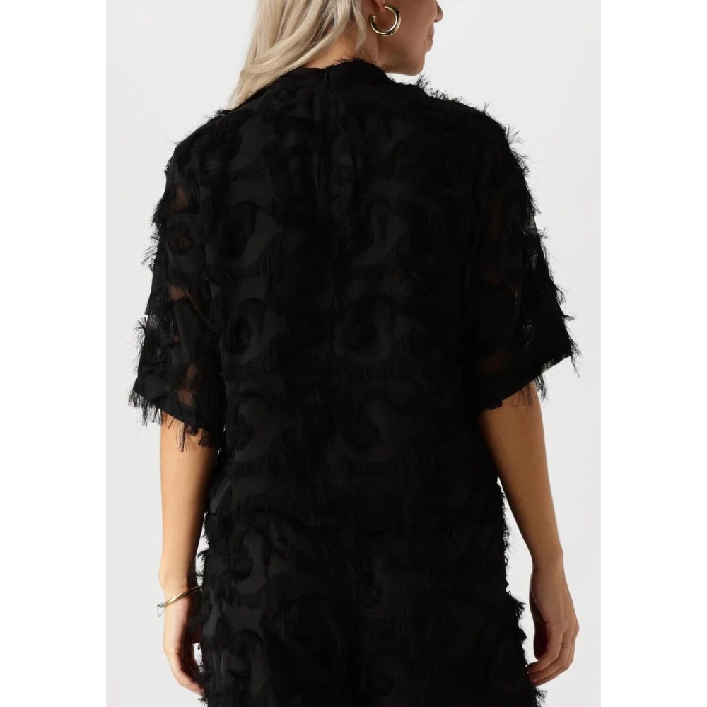 Minus Elegante hoge halsblouse met franjes Black Dames