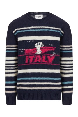 pull-col-rond-bleu-fonce-a-rayures-et-snoopy-incruste