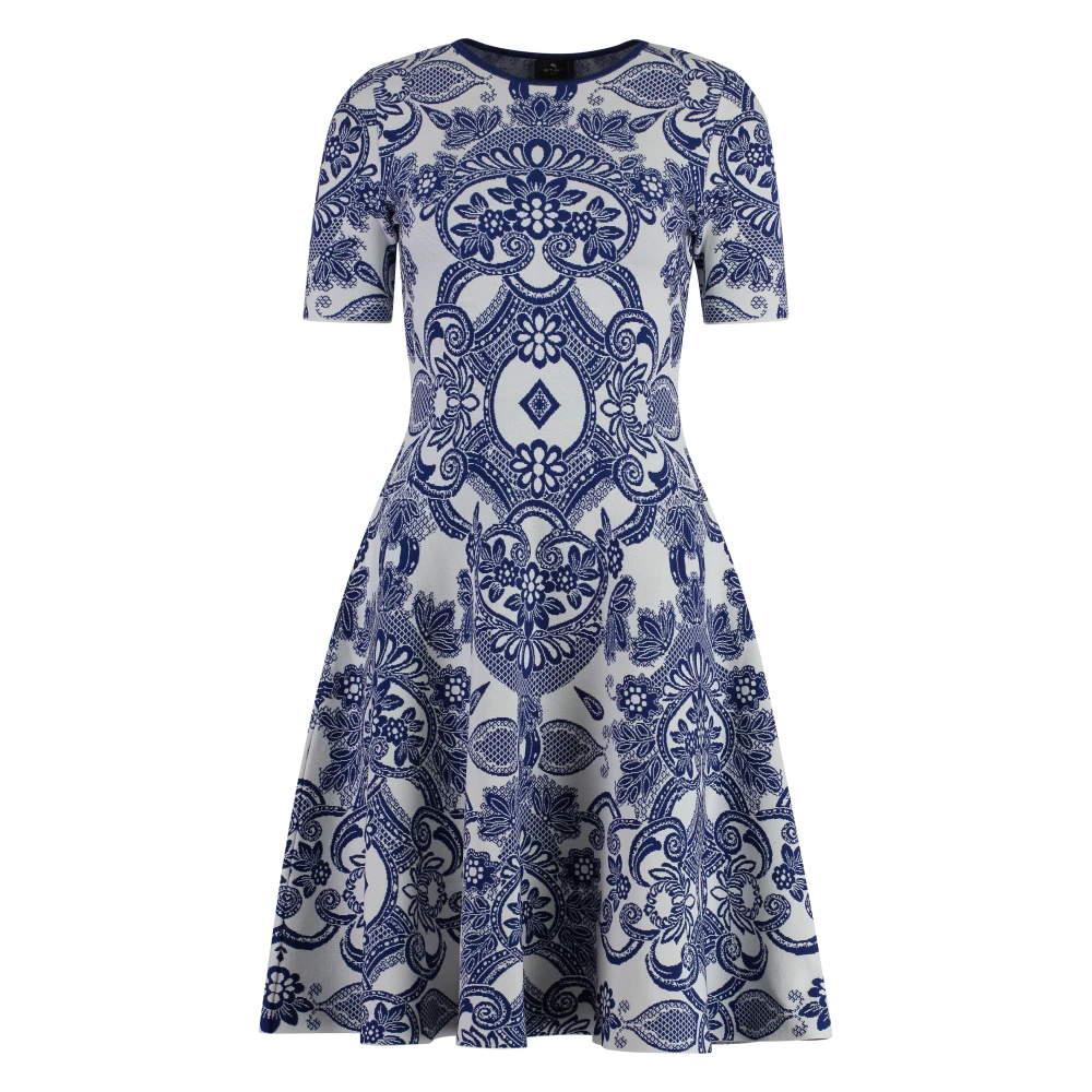 ETRO Wijdvallende Jacquard Gebreide Mini-Jurk Blue Dames