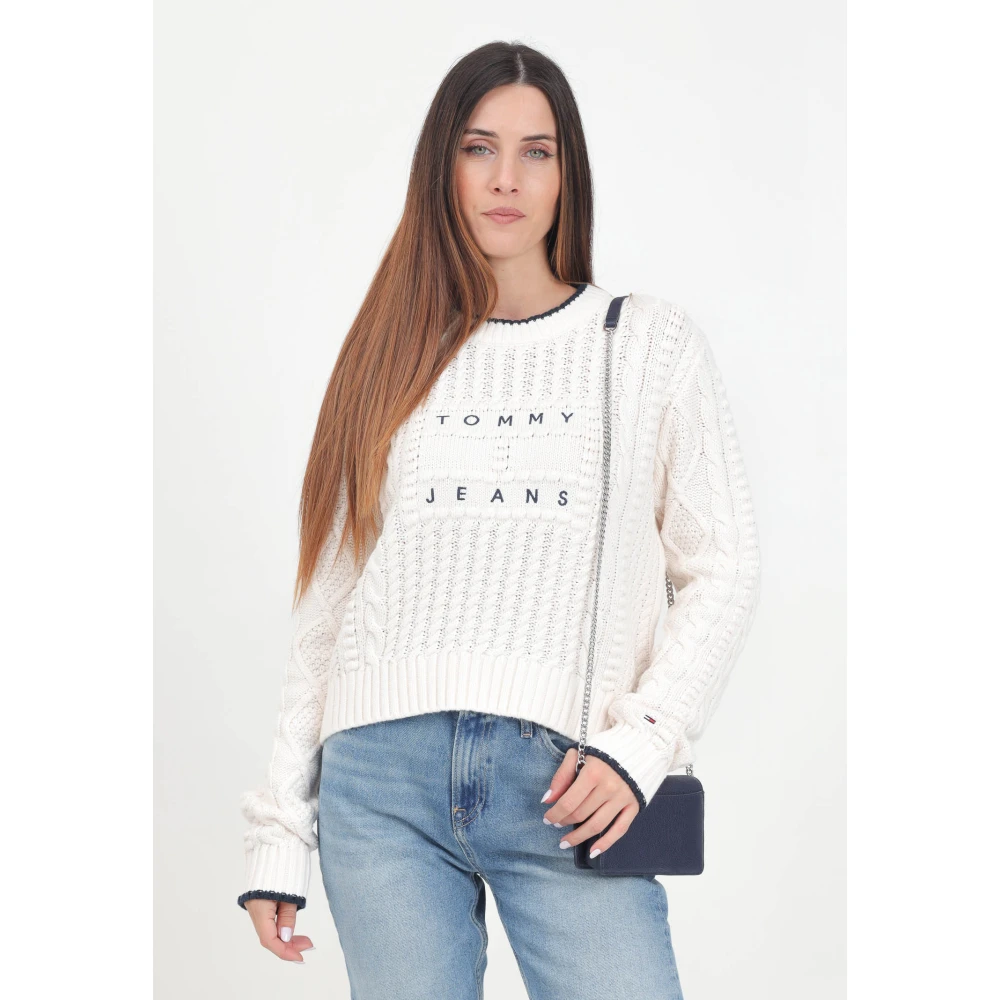 Tommy Jeans Crème Kabel Gebreide Crew-Neck Sweater White Dames