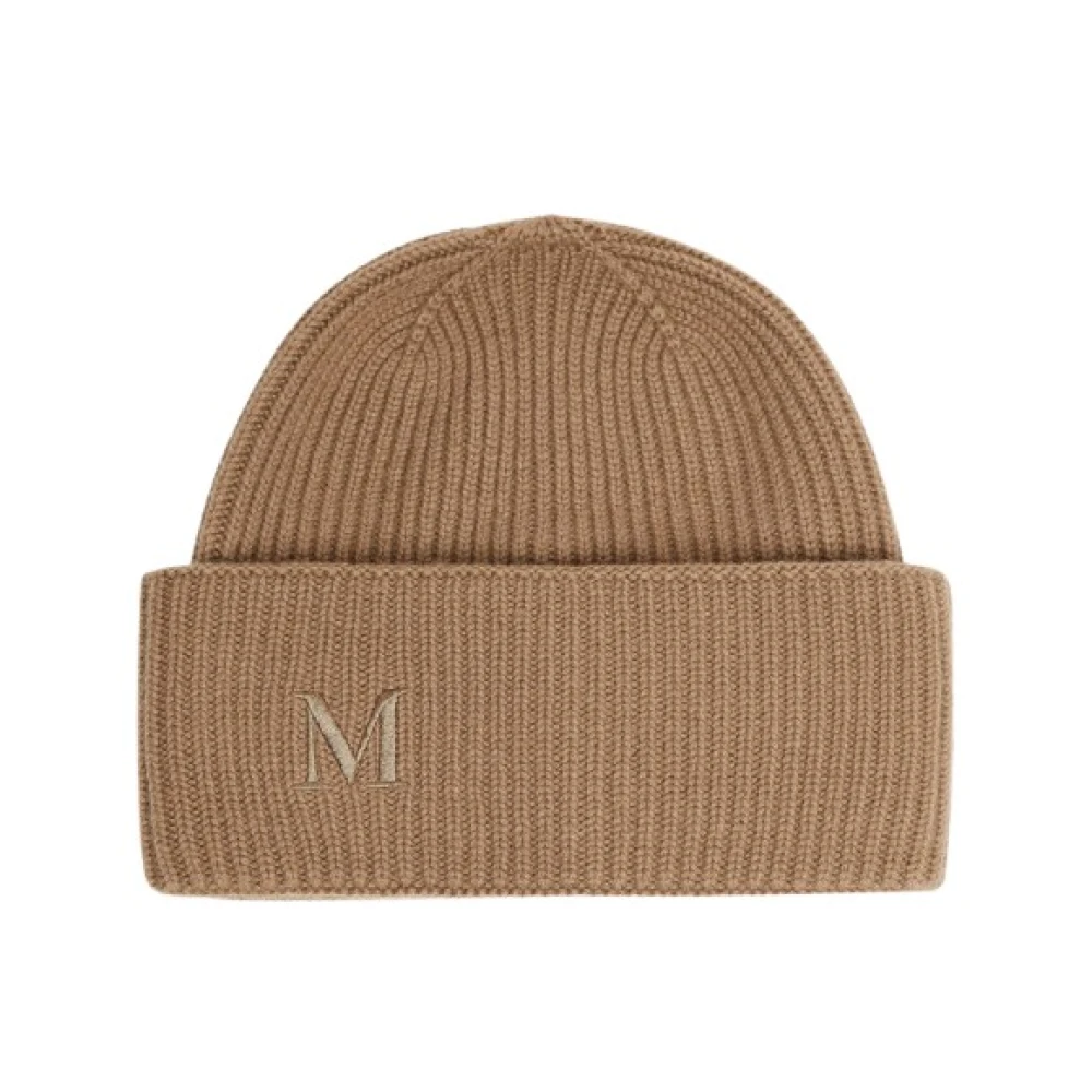 Max Mara Kasjmier Geribbelde Beanie met Monogram Logo Brown Dames