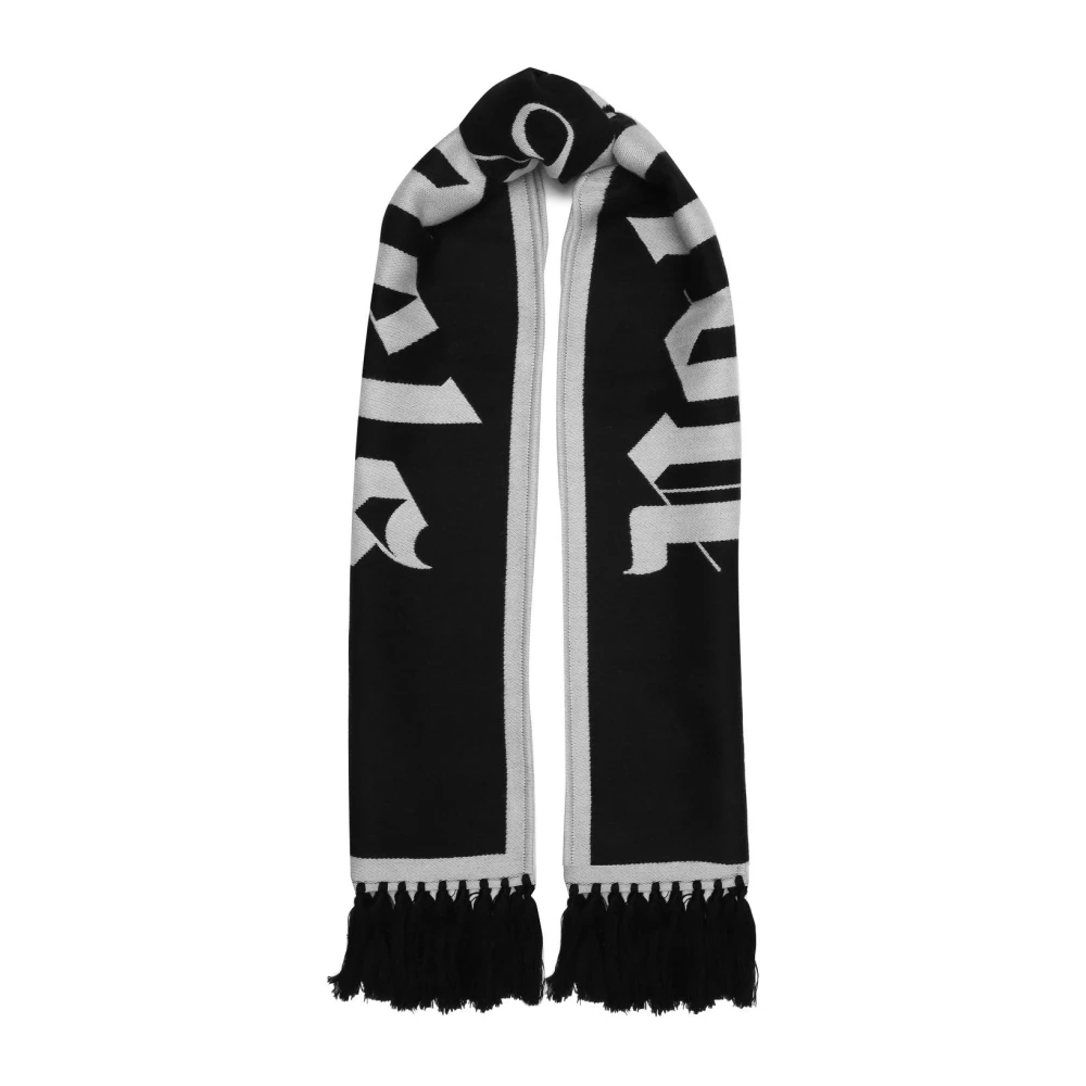 Palm Angels Zwarte Wollen Sjaal met Franjes en Logo Detail Black Heren