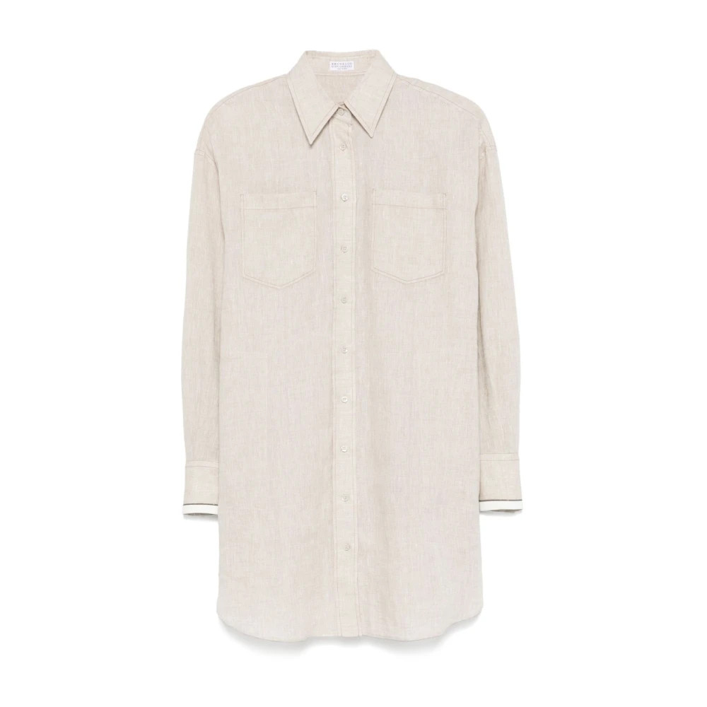 BRUNELLO CUCINELLI Beige Linnen Oversized Shirt met Monile Detail Beige Dames