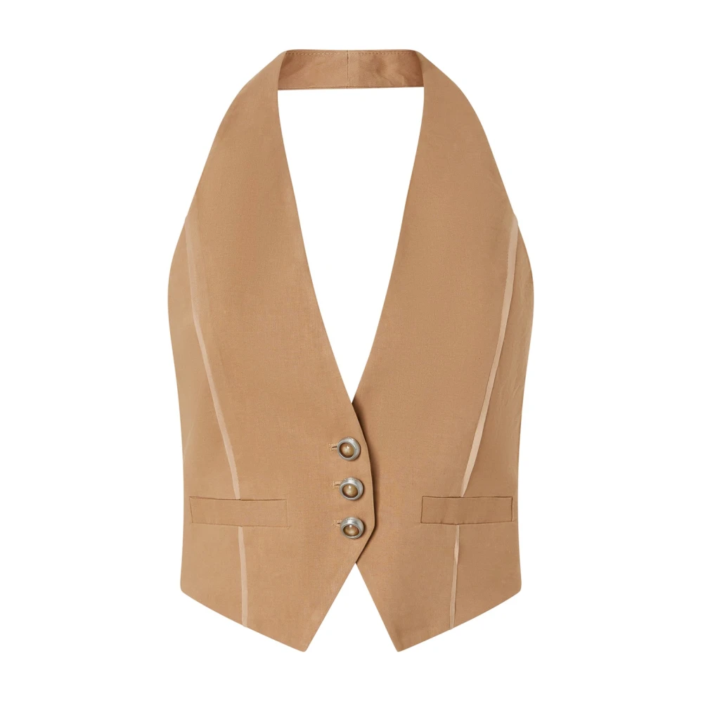Pinko Mouwloos Linnen Vest met Organza Details Brown Dames