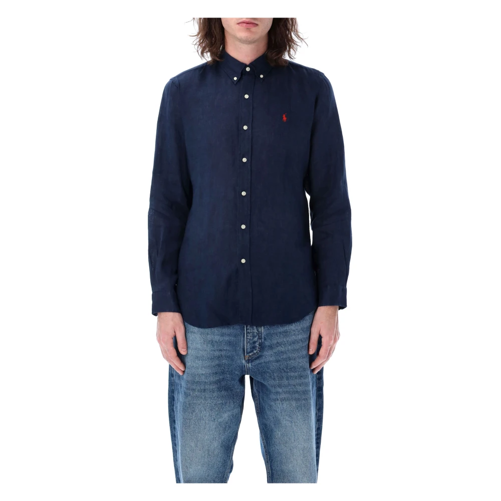 Ralph Lauren Custom Fit Linnen Overhemd Blue Heren