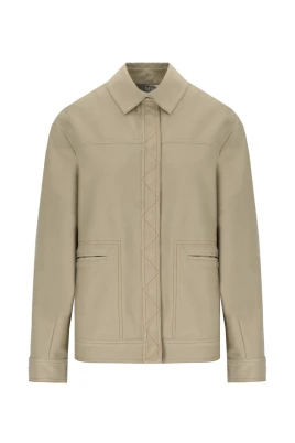 Denim Effekt Beige Jacka med Synliga Sömmar