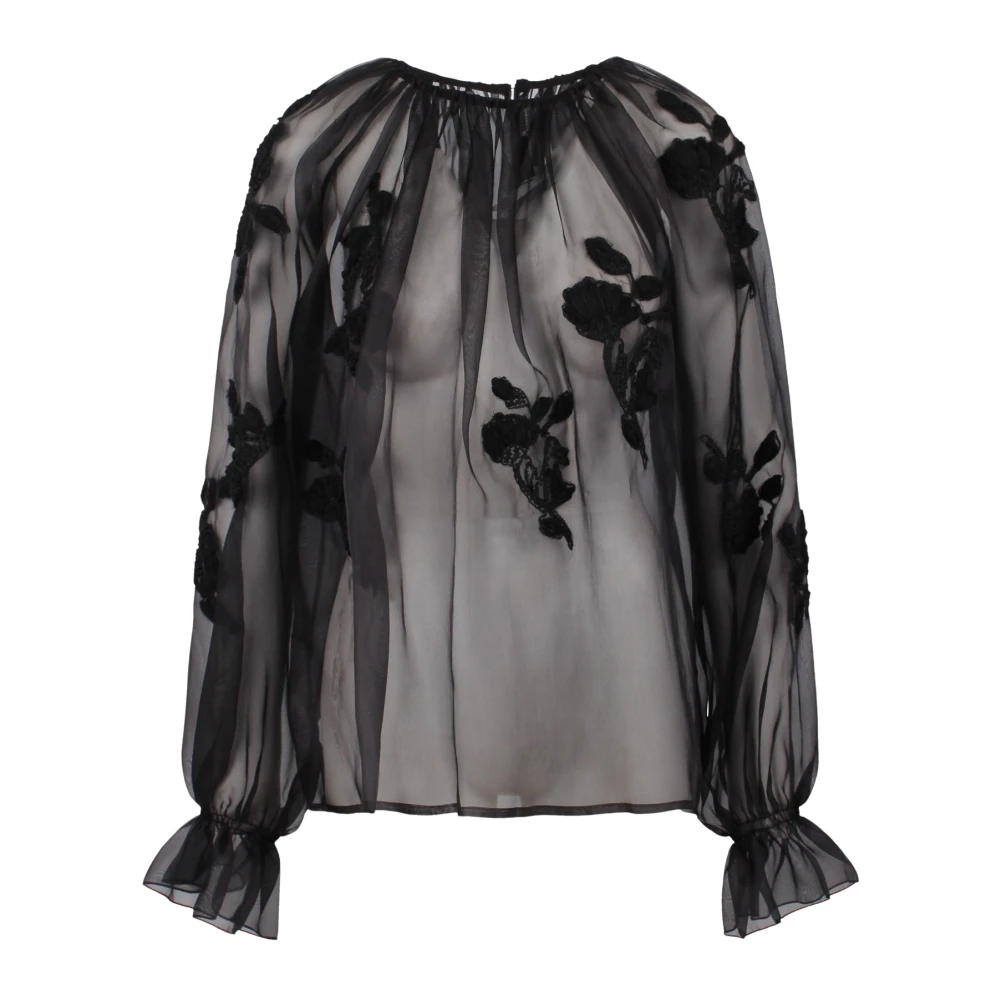 Ermanno Scervino Bloemen kanten blouse met gerimpelde halslijn Black Dames