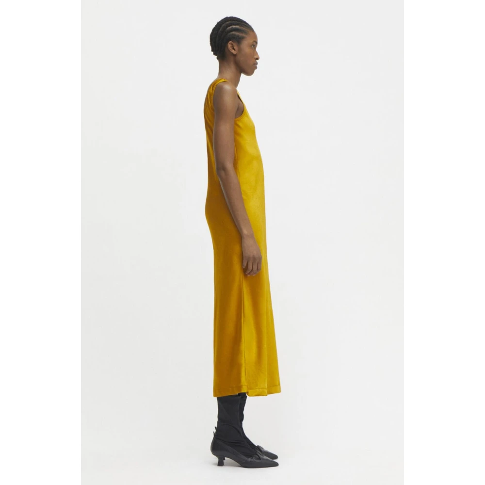 Rodebjer Glanzende Wijdvallende Mouwloze Maxi Jurk Yellow Dames