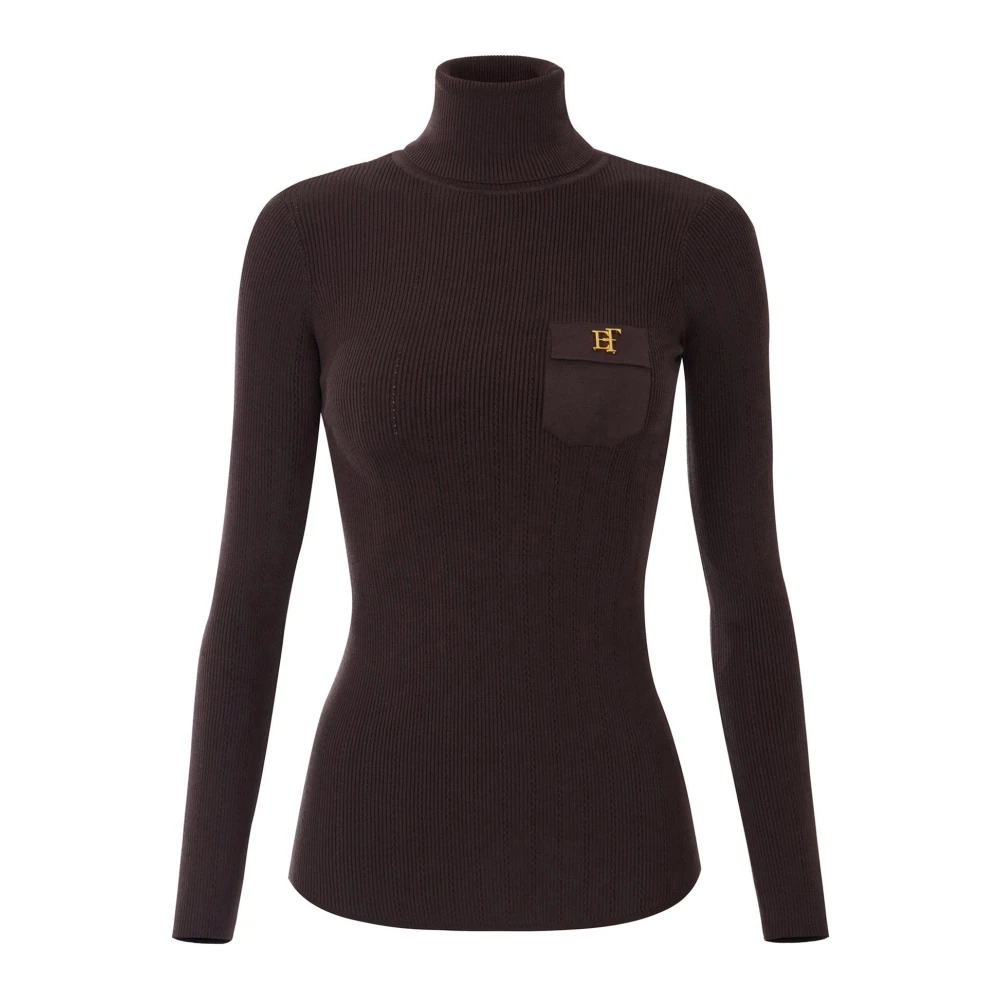 Elisabetta Franchi , Turtlenecks, Female, Brown, Xs, Knit Turtleneck Top With Openwork Embroideries