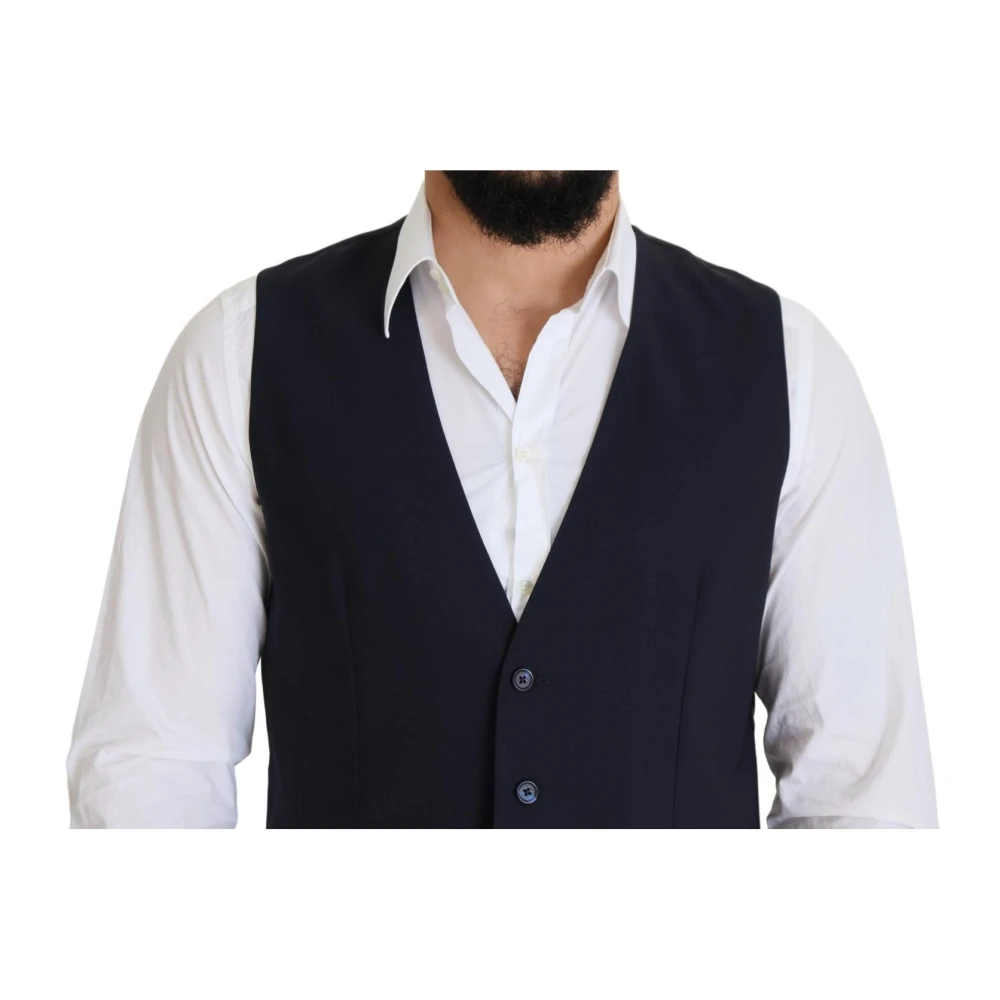 Dolce & Gabbana Wollen Vest met Logodetails in Donkerblauw Blue Heren