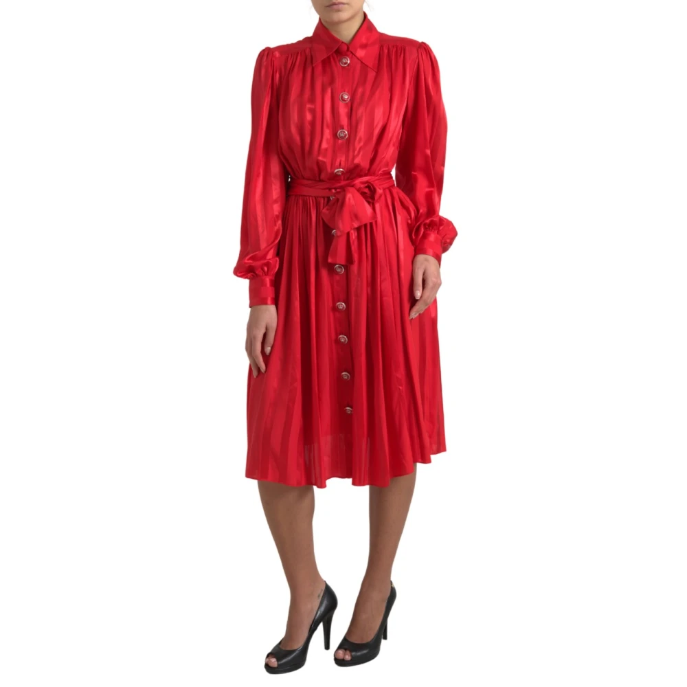 Dolce & Gabbana Red Satin Silk Button Down Belted Midi Dress - Female - Shirt Dresses - Red - L - Dresses