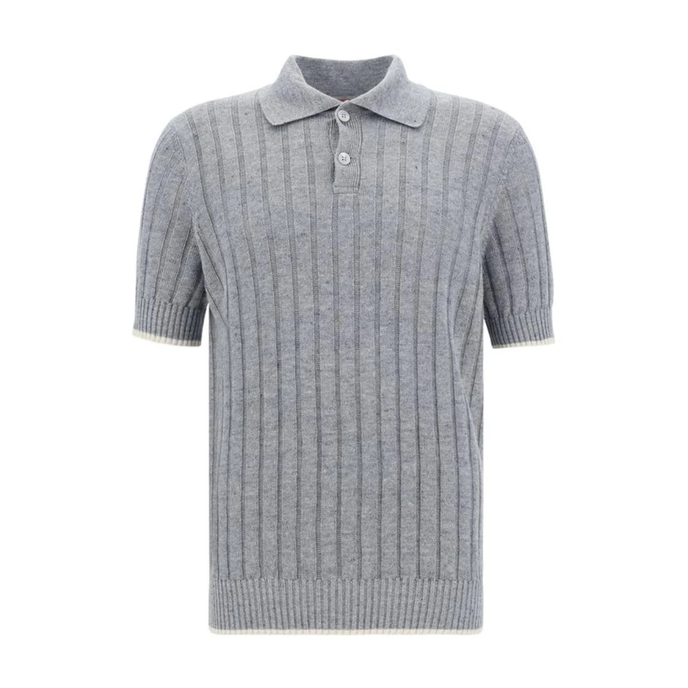 Brunello Cucinelli Monokrom Ribbad Linne Polo Tröja Gray, Herr