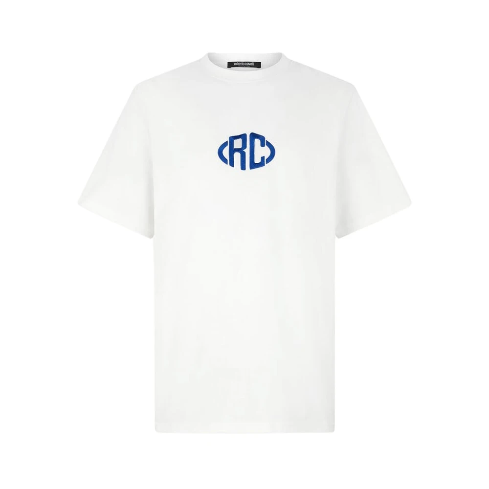 Roberto Cavalli , T-Shirts, Male, White, Xl, Monogram Cotton T-Shirt Crew-Neck Short Sleeves
