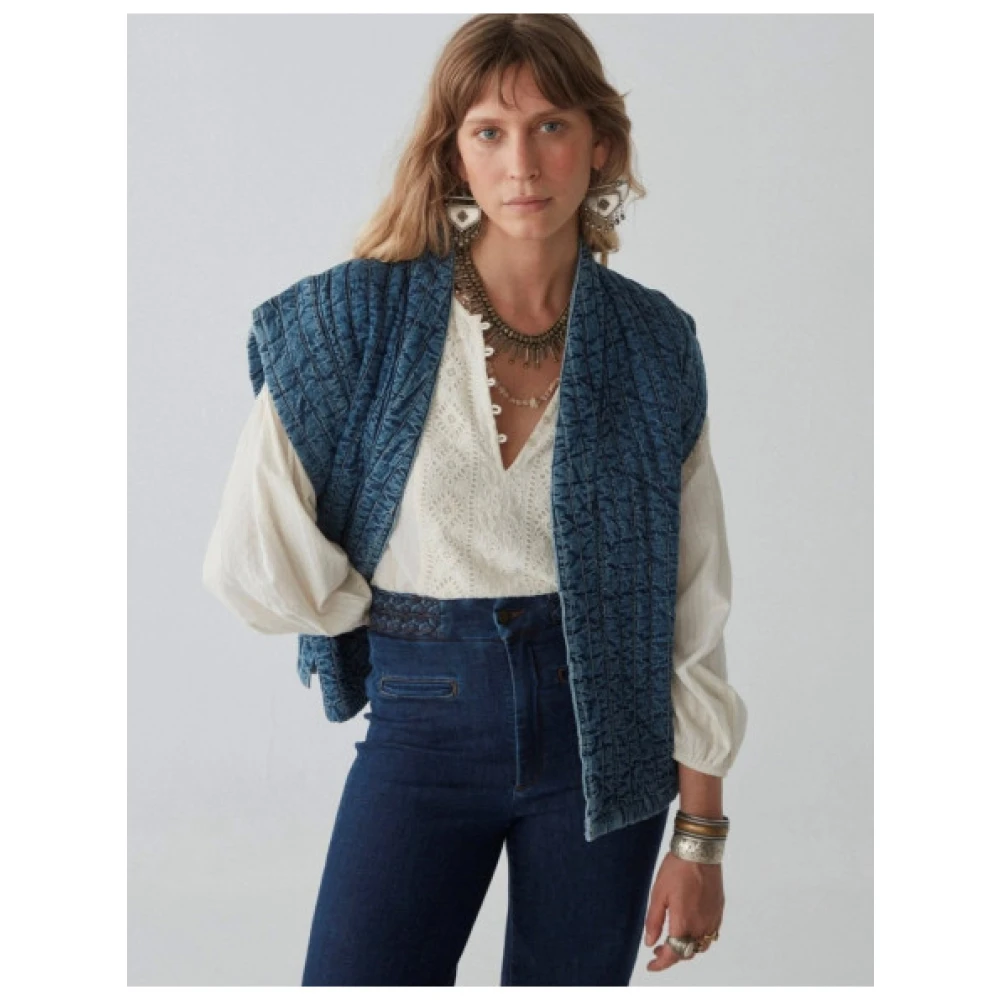 Maison Hotel Gewatteerde Denim Mouwloos Vest Blue Dames
