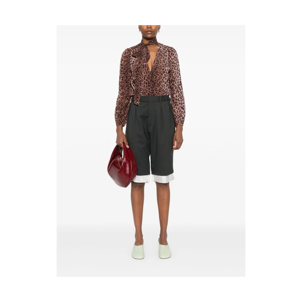 Rixo Luipaardprint Zijden V-hals Shirt Brown Dames