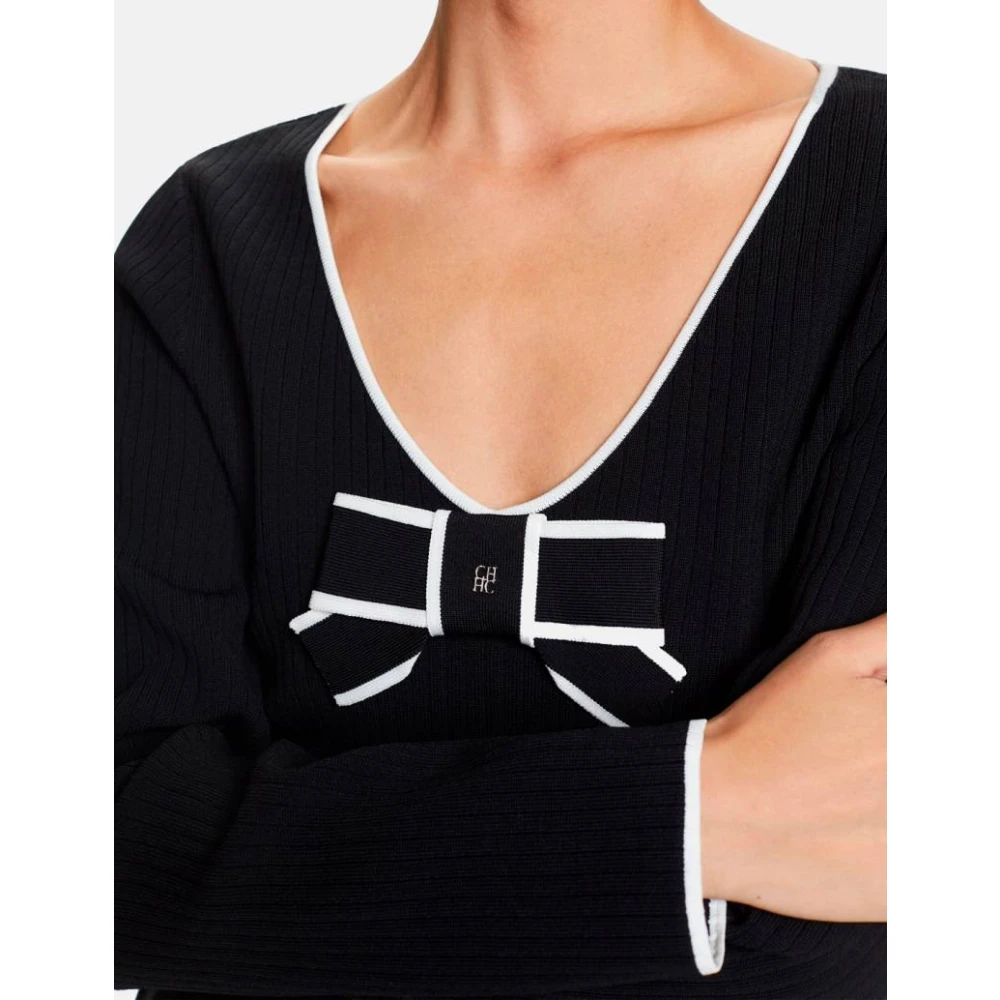 Carolina Herrera Geribbelde Gestreepte Aansluitende Trui met Strikdetail Black Dames