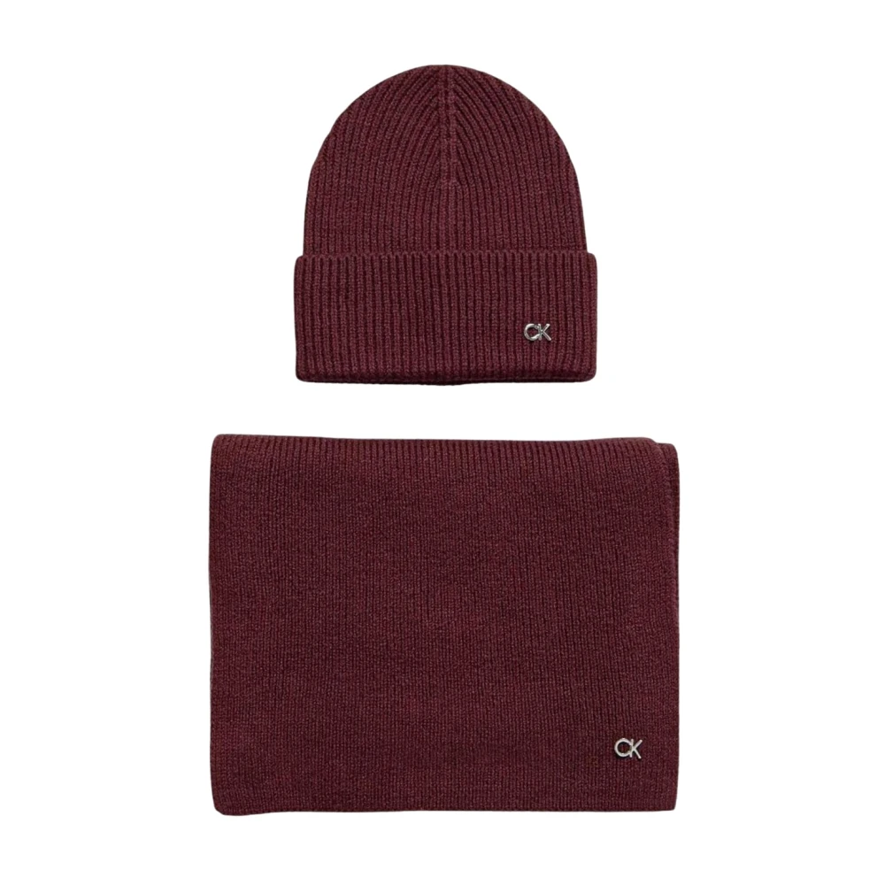 Calvin Klein Vrouw Rood Accessoires Dames, One Size, Wol, Geribbelde Gebreide Muts Sjaal Set