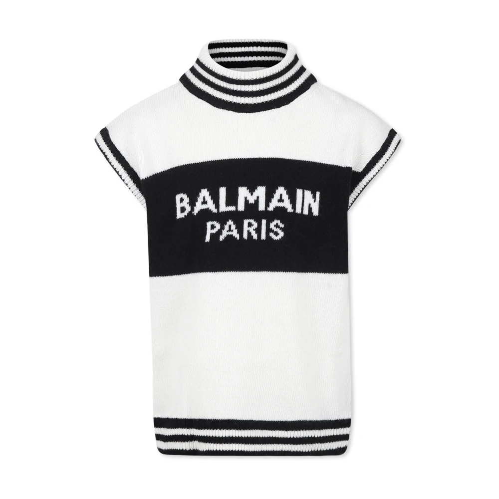 Balmain Ivory Stickad Väst Tröja med Svarta Detaljer White, Unisex