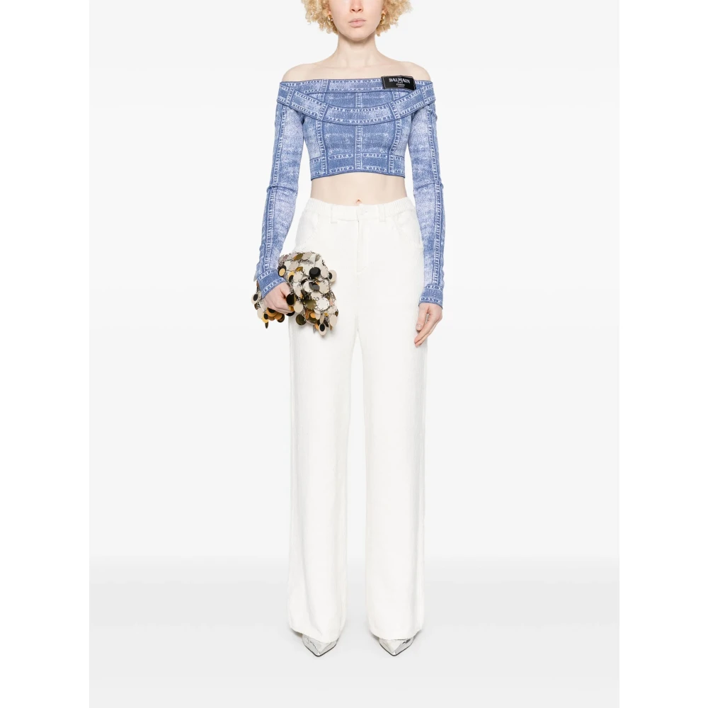 Balmain Denim Effect Longsleeve Top met Logo Blue Dames