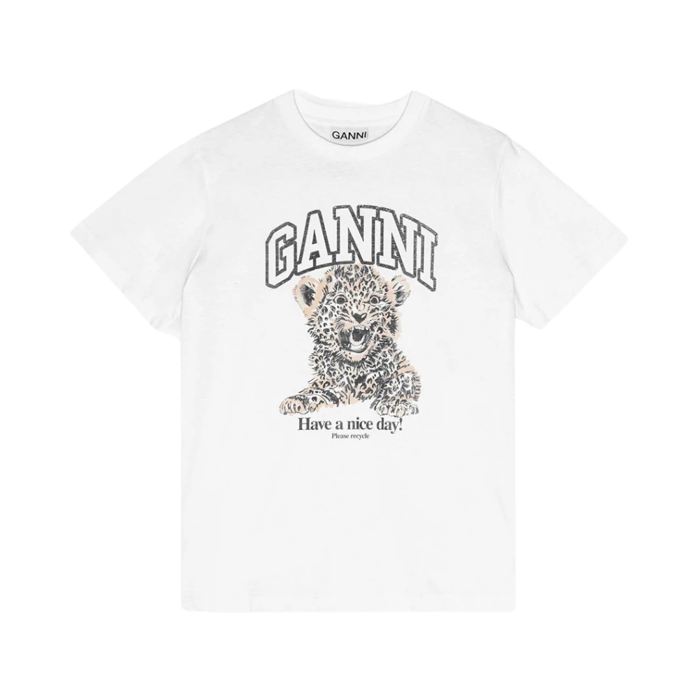 Ganni Leopardmönstrad Avslappnad T-shirt White, Dam